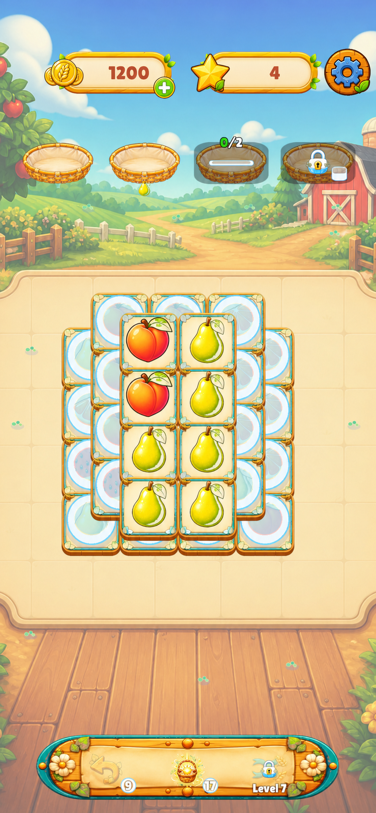 Harvest Match puzzle grid with apples, oranges, and berries